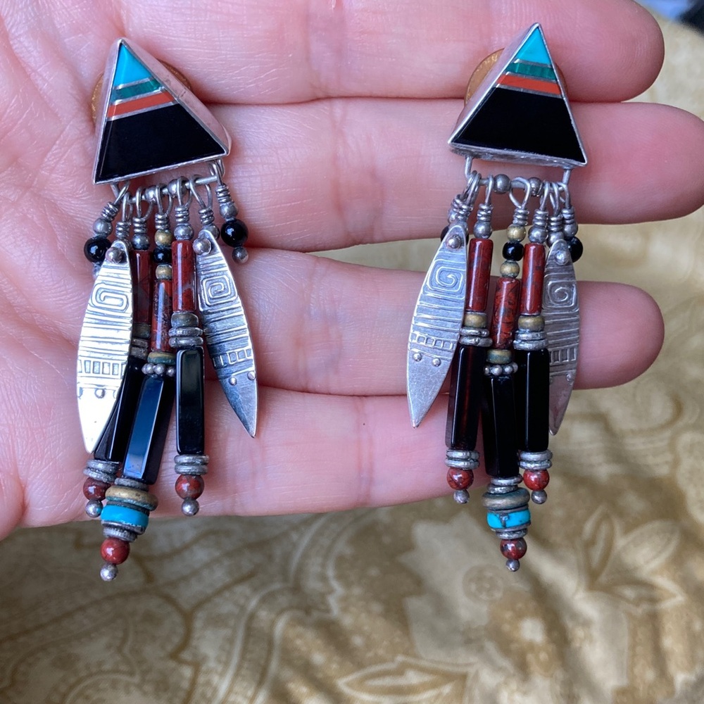 Vtg 90’s Tabra Sterling Silver, Turquoise, Coral, Onyx Dangle Earrings, Signed